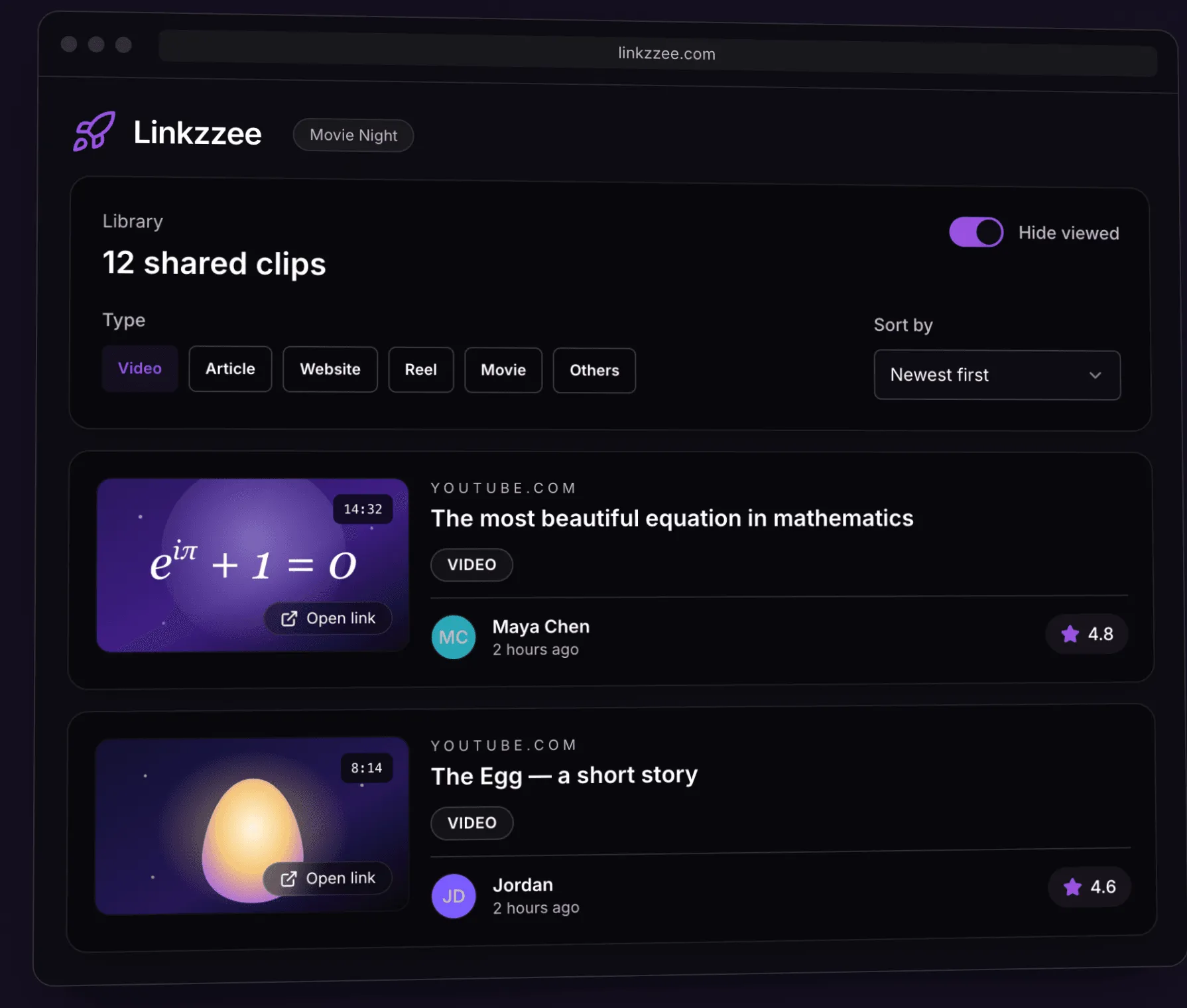 Die Linkzzee-Gruppenbibliothek: geteilte Clips mit Typfiltern, Sortierung, Bewertungen und Gesehen-Status