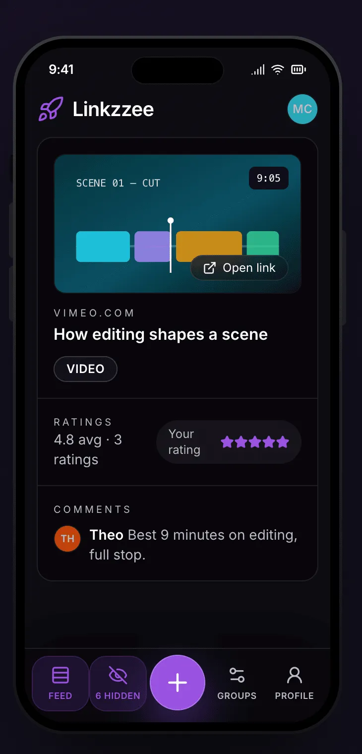 Die Linkzzee-Mobile-App mit einer Empfehlung samt Fünf-Sterne-Bewertungen und Kommentaren